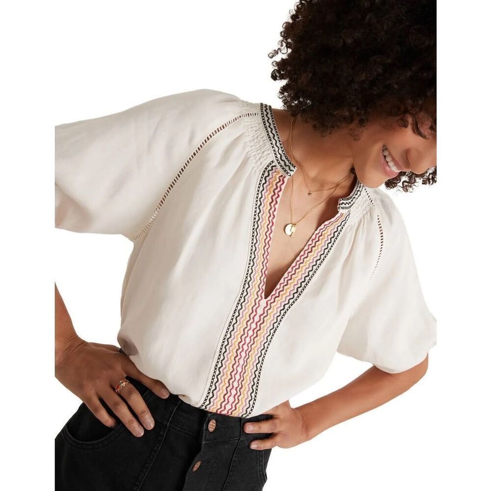 Marine Layer Bea Peasant Blouse Women's White Multi Split Neck Linen Blend Small